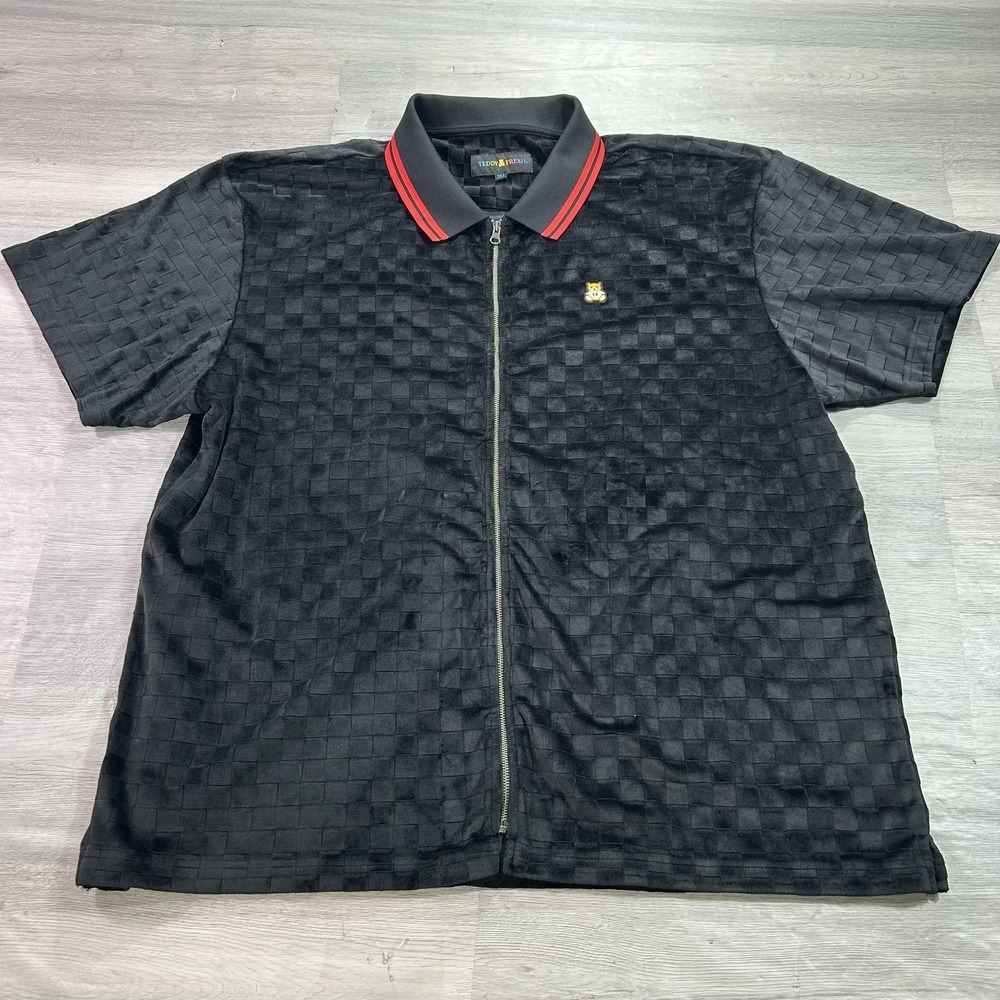 Teddy Fresh Polo Shirt Mens 3XL Black Check Full Zip Teddy Bear Logo Streetwear